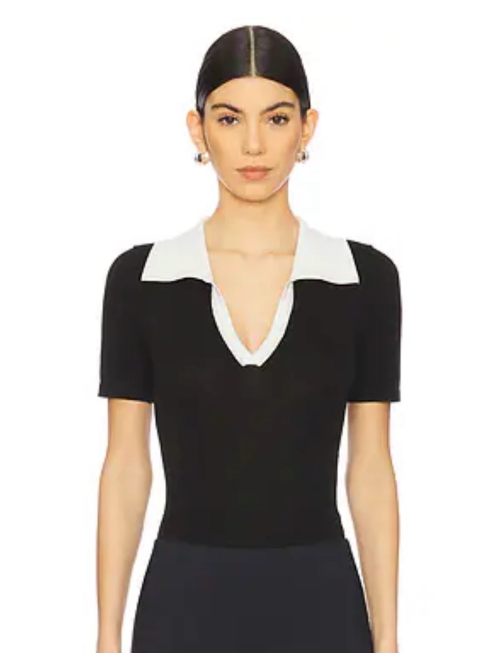 Black Drea Bodysuit with White V-Collar